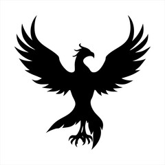 Black silhouette of a phoenix with wings spread isolated on transparent background