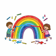 Two children joyfully paint a rainbow with large crayons, creating colorful splashes.