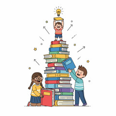 Three diverse children work together building a tall tower of books to reach a glowing lightbulb representing knowledge and ideas.