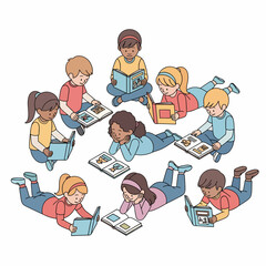 A diverse group of children sitting and lying on the floor, engrossed in reading colorful books.