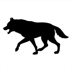 Black silhouette of a running wolf with mouth open isolated on transparent background