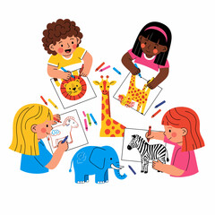 Children drawing animals: lion, giraffe, zebra, elephant, and sheep.