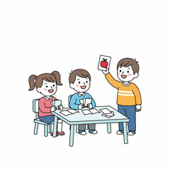 Three children are sitting at a table, playing a card game with flashcards, one child is holding up a card with an apple on it.