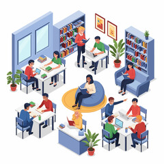 Isometric library scene with people reading and studying.