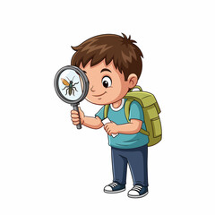 Cartoon boy with magnifying glass looking at insect.