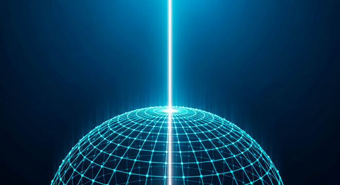 Digital Network Sphere with Glowing Grid and Vertical Light Beam on Dark Blue Background