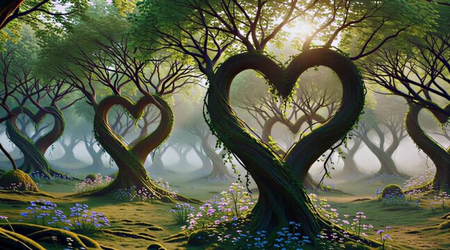 Heart shaped trees in fantasy forest with sunlight and greenery
