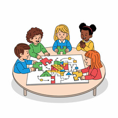 Children working together on a puzzle at a round table.