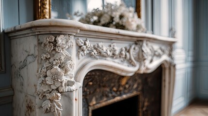 Ornate white marble fireplace mantel detail