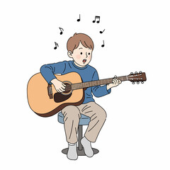 A young boy sits on a stool, enthusiastically playing an acoustic guitar with musical notes floating around his head.