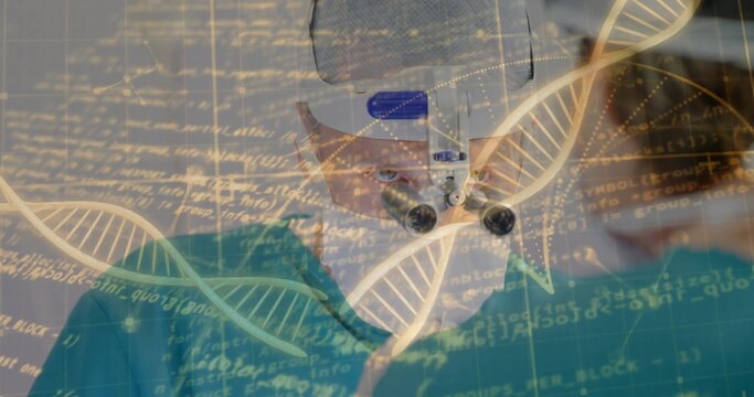 Peering into microscope, researcher wearing scrubs surgical cap mask in lab, with DNA helix overlay