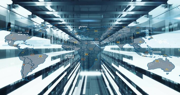 Stretching data center aisle under LED lights, showing server racks and world map overlay - Powered by Adobe