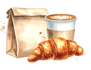 Watercolor croissant, coffee, and paper bag