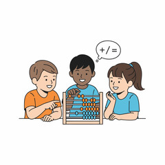 Three children using an abacus to learn math.