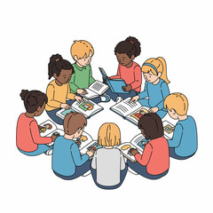 Diverse group of children sitting in a circle on the floor, reading various books together.