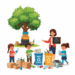 A teacher and children are sorting recyclable materials into different bins under a large tree, promoting environmental awareness.