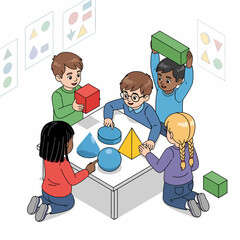 Children playing with geometric shapes on a table, learning and having fun.