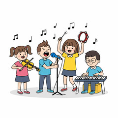 Four children playing musical instruments and singing.