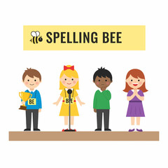 Four diverse children on a stage for a spelling bee competition, with one holding a trophy and another at a microphone.