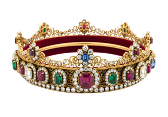 A lavishly detailed gold crown, adorned with vibrant jewels, including rubies, emeralds, sapphires, and diamonds, rests on a dark background.