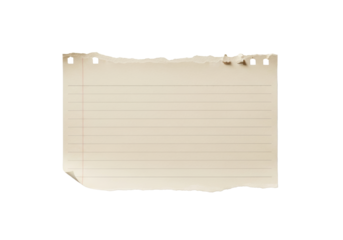 Rectangular, blank beige lined paper with torn edges and a subtle curled corner, casting a soft shadow on a bright white background with copy space, Concept of blank note and potential