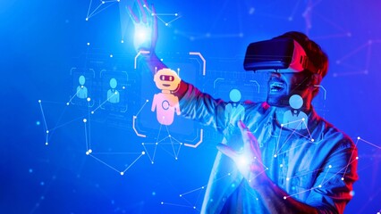 A man is immersed in a virtual reality experience, engaging with futuristic graphics and digital interfaces, illustrating the excitement of modern technology. Raster