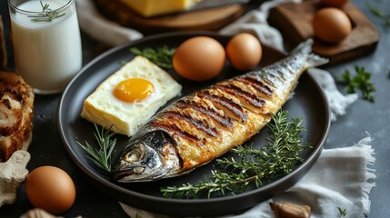 "Vitamin B12" A plate filled with grilled fish, eggs, and a side of cheese, with a glass of milk nearby. The vitamin B12 molecules are subtly highlighted in the scene, representing its importance for 