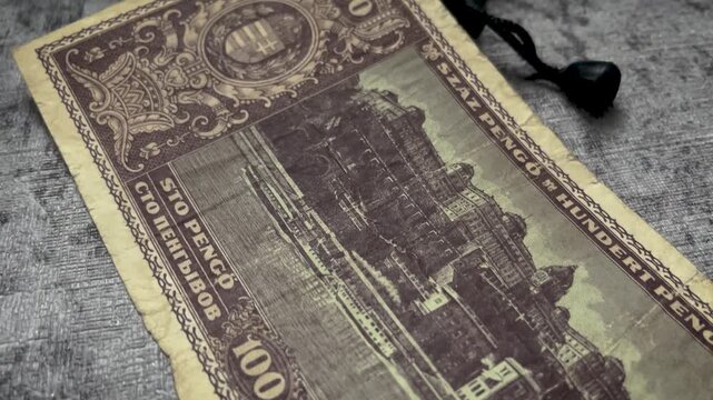 Pengo reverse view vintage 100 pengo banknote depicting budapest hungary shown from behind.