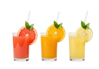 Three clear glasses with vibrant pink grapefruit, orange, and lemon juices, garnished with fruit slices and straws, on a transparent studio background Concept for beverage advertising