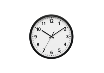 Minimalist round analog wall clock, black frame, white face, black hands at 1:20, centered on transparent background, copy space, concept of time management and efficiency