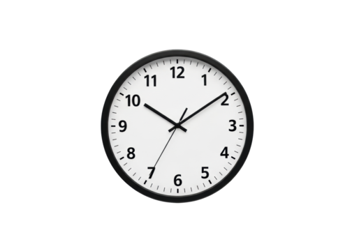 Minimalist round analog wall clock, black frame, white face, black hands at 1:20, centered on transparent background, copy space, concept of time management and efficiency