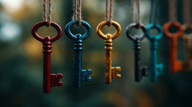 A Row of Vibrant, Vintage Skeleton Keys Hanging on Rustic Twine Strings, Symbolizing Opportunity and Unlocking New Paths, a Mystical Concept