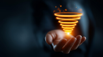 CRM manager hands controlling glowing hologram of customer data optimizing sales funnel through advanced management system on dark background. CRM system customer management dig