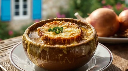 Golden soup bubbling in rustic stoneware, parsley vivid green, cheese crust blistering