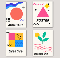 Abstract poster set vector. Four colorful creative layouts with geometric shapes, doodle elements, wavy lines and minimal graphics for posters, templates, banner and graphic design projects.