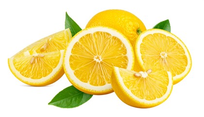 Fototapeta premium Fresh lemon slices and whole fruit, vibrant yellow tones, arranged against a pure white backdrop.