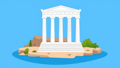 Flat illustration of an ancient temple on an island