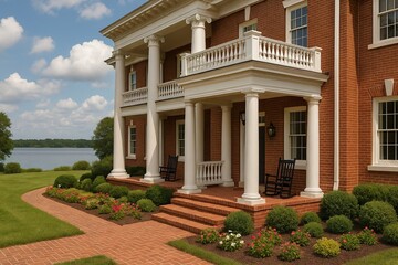 Obraz premium Elegant Colonial Style Brick House with White Columns and Manicured Garden