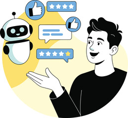 Smiling Man Interacting with Friendly AI Robot Chatbot and Positive Five Star Feedback Vector Illustration