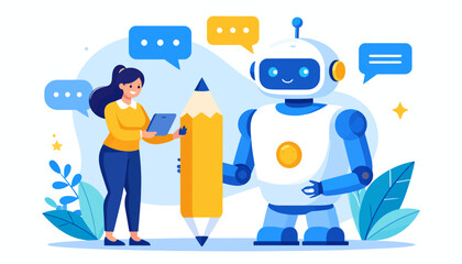 Woman and robot collaborating on a creative project using technology and artificial intelligence.