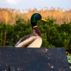 Obraz premium Mallard duck perched on dark surface, foliage background