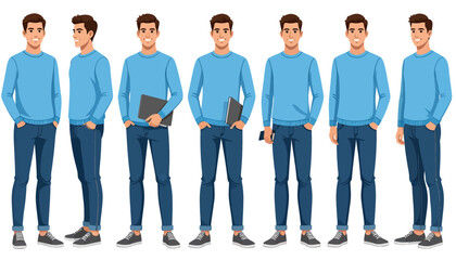 Obraz premium Young man character set in casual clothes with different poses.