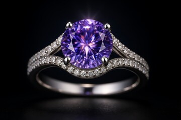 Luxury Diamond Ring with Purple Gemstone on Black Background