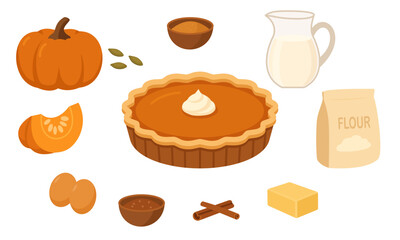 Thanksgiving pumpkin pie with ingredients flat design vector illustration