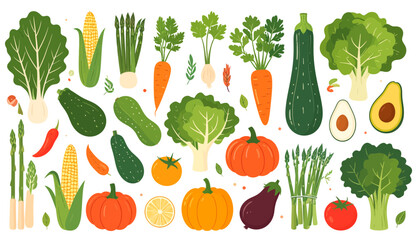 Collection of fresh vegetables and fruits.