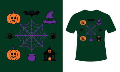 Spooky halloween night scene with pumpkins bats and a haunted house under a full moon