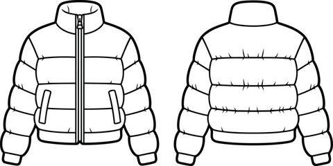 jacket, puffer, quilted, coat, outerwear, winter, warm, insulated, padded, zipper, collar, pocket, fashion, clothing, apparel, garment, vector, design, front, back