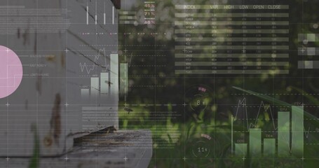 Displaying aged white metal panel mounted on platform in grassy field, data overlays, copy space