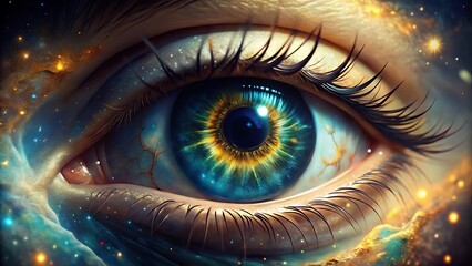 Closeup of a mesmerizing human eye with cosmic galaxy inside iris