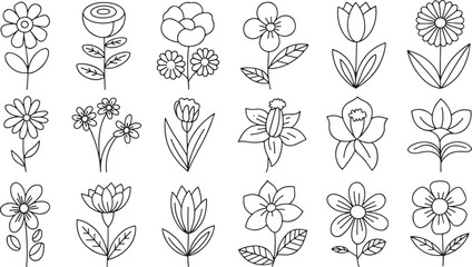 Hand drawn flower icon set of 20 unique botanical outline illustrations including rose tulip daisy and decorative blooms.